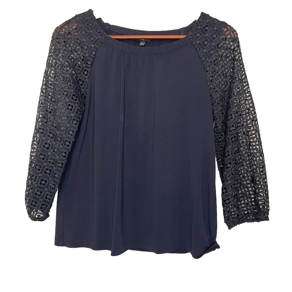 Talbots Womens Petite Small Blouse Navy Elastic Top Eyelet Sleeve Rayon Stretch